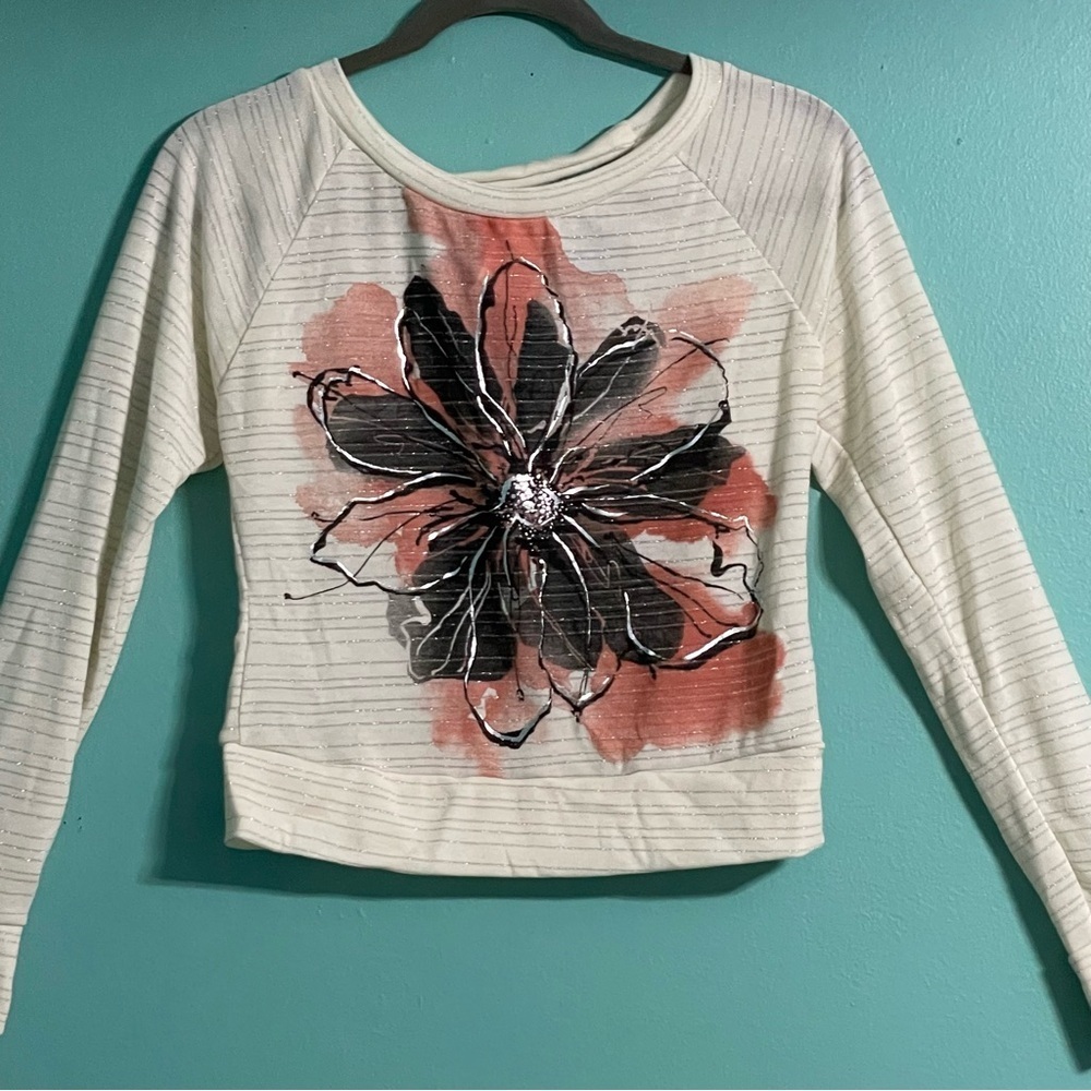 Charlotte Russe top NWT sizeS cream and silver stripe w/flower motif long sleeve